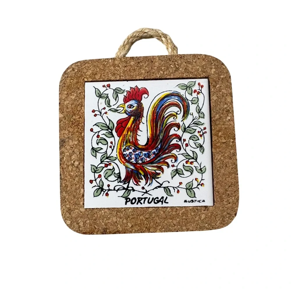 Portugal Rooster of Barcelos Cork Ceramic Tile Trivet Wall Decor Rustica 4x4